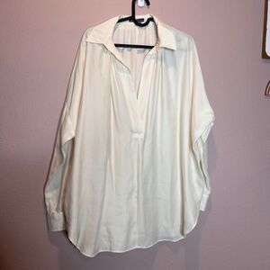 Vince Silk Split Band Collar Shirred Drape Pullover Blouse